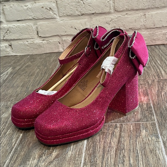 Betsey Johnson Shoes - Betsey Johnson for Torrid Pink Glitter Bow Back Chunky Heels | Size 11 Wide